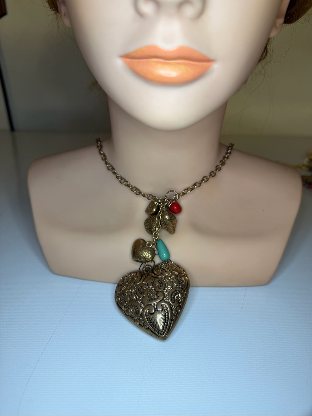 Vintage-Inspired Filigree Heart Pendant Necklace with Turquoise and Red Accents